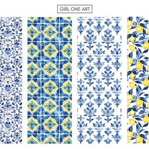 May include: Four different patterns in blue, yellow, and green. The patterns are a blue and white floral design, a blue and yellow tile pattern, a blue and white floral design, and a yellow lemon pattern on blue branches.
