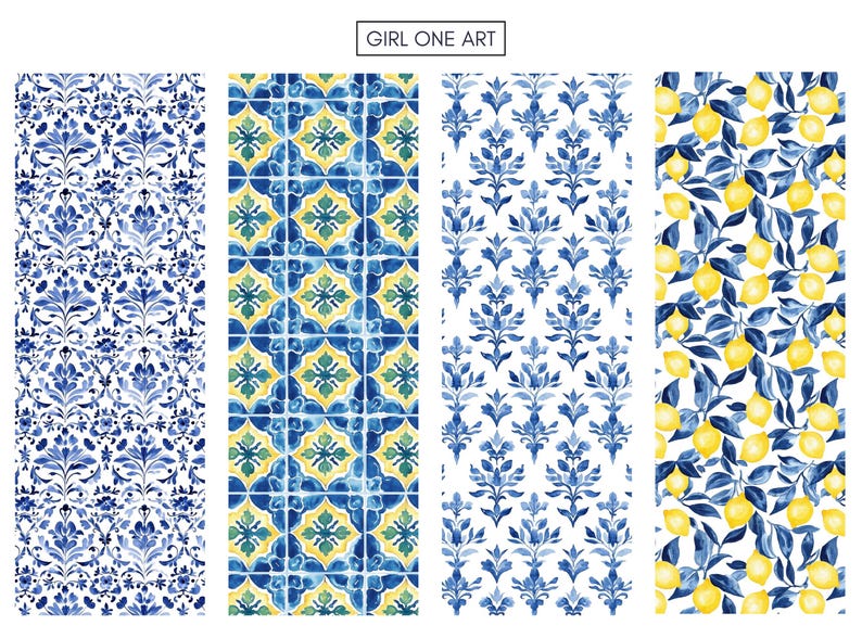 May include: Four different patterns in blue, yellow, and green. The patterns are a blue and white floral design, a blue and yellow tile pattern, a blue and white floral design, and a yellow lemon pattern on blue branches.