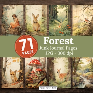 Foresta Woodland Junk Journal pagine Download digitale Scrapbook Carta Fata Collage Fogli Kit Volpe Cervi Sfondi stampabili Funghi JPG