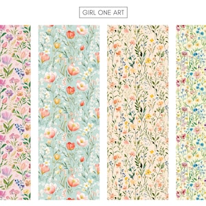 May include: Four vertical panels showcasing floral patterns. Each panel features a different color palette: pink, light blue, beige, and light yellow. The floral designs include tulips, wildflowers, and greenery, creating a botanical theme. The text "GIRL ONE ART" is at the top.
