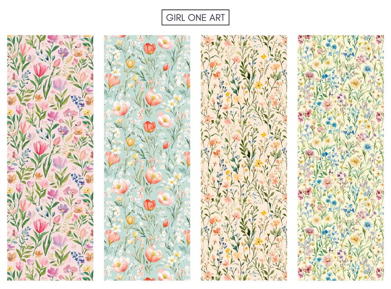 May include: Four vertical panels showcasing floral patterns. Each panel features a different color palette: pink, light blue, beige, and light yellow. The floral designs include tulips, wildflowers, and greenery, creating a botanical theme. The text "GIRL ONE ART" is at the top.