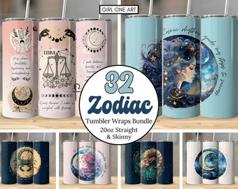 Może przedstawiać: Zestaw 32 naklejek na kubki z motywem zodiaku. Naklejki przedstawiają różne znaki zodiaku, ciała niebieskie i inspirujące cytaty. Naklejki są przeznaczone do kubków prostych i smukłych o pojemności 20 uncji.