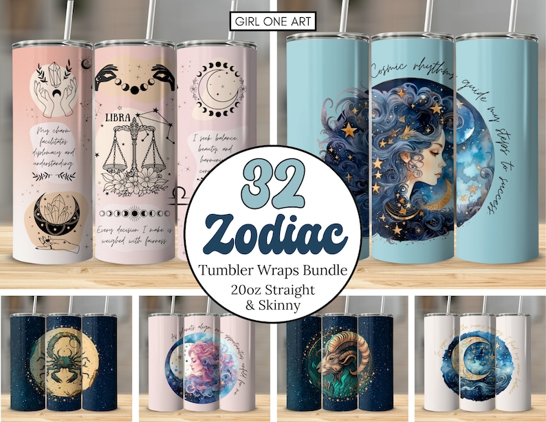 Zodiac Sign Tumbler Wrap Bundle 20 oz Skinny & Straight Tumbler Sublimation Design Digital Download Inspirational Tumbler PNG Commercial Use image 1