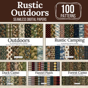 May include: A collection of 100 seamless digital papers titled Rustic Outdoors, featuring five sets: Outdoors, Rustic Camping, Duck Camo, Flannel Plaids, and Forest Camo. Each set includes 20 patterns measuring 12 inches by 12 inches at 300 dpi.