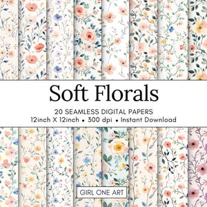 May include: A set of 20 seamless digital papers with floral designs. The papers display watercolour-style flowers in soft hues like pink, peach, blue, and yellow, set against a white backdrop. Each paper measures 30.48 cm by 30.48 cm.