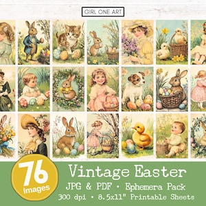 Pacote de itens de Páscoa vintage Junk Journal para impressão Ovos de coelho floral vitoriano ATC Cartão postal rústico Páginas de primavera Papel retrô Cartão antigo