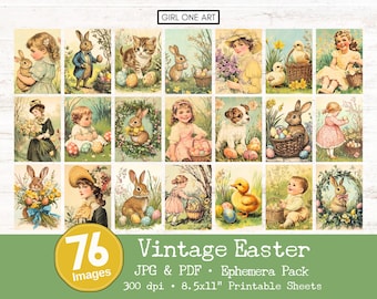 May include: A set of 76 vintage Easter images in a digital download pack. The images feature bunnies, chicks, eggs, flowers, and children. The images are perfect for scrapbooking, card making, and other craft projects.