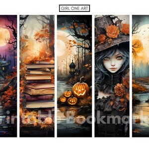 May include: Four printable bookmarks featuring a spooky Halloween theme. The bookmarks depict a dark forest with a full moon, a stack of books, a girl in a witch's hat, and a river leading to a spooky castle.