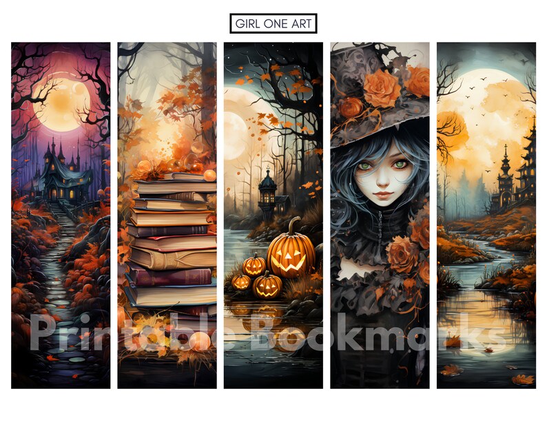 May include: Four printable bookmarks featuring a spooky Halloween theme. The bookmarks depict a dark forest with a full moon, a stack of books, a girl in a witch's hat, and a river leading to a spooky castle.