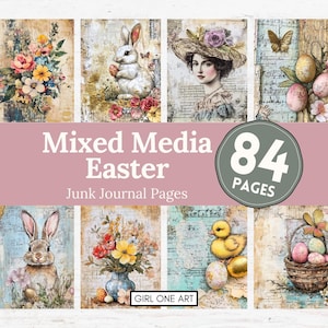 May include: A collage of 84 digital junk journal pages with an Easter theme. The pages feature images of bunnies, chicks, flowers, eggs, and vintage illustrations. The text "Mixed Media Easter" and "Junk Journal Pages" is displayed on the collage.