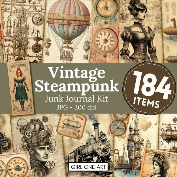 Vintage Steampunk Junk Journal Kit Sofortiger Download digitale Scrapbook Papier viktorianische Ephemera JPG Collage Sheets druckbare Hintergründe