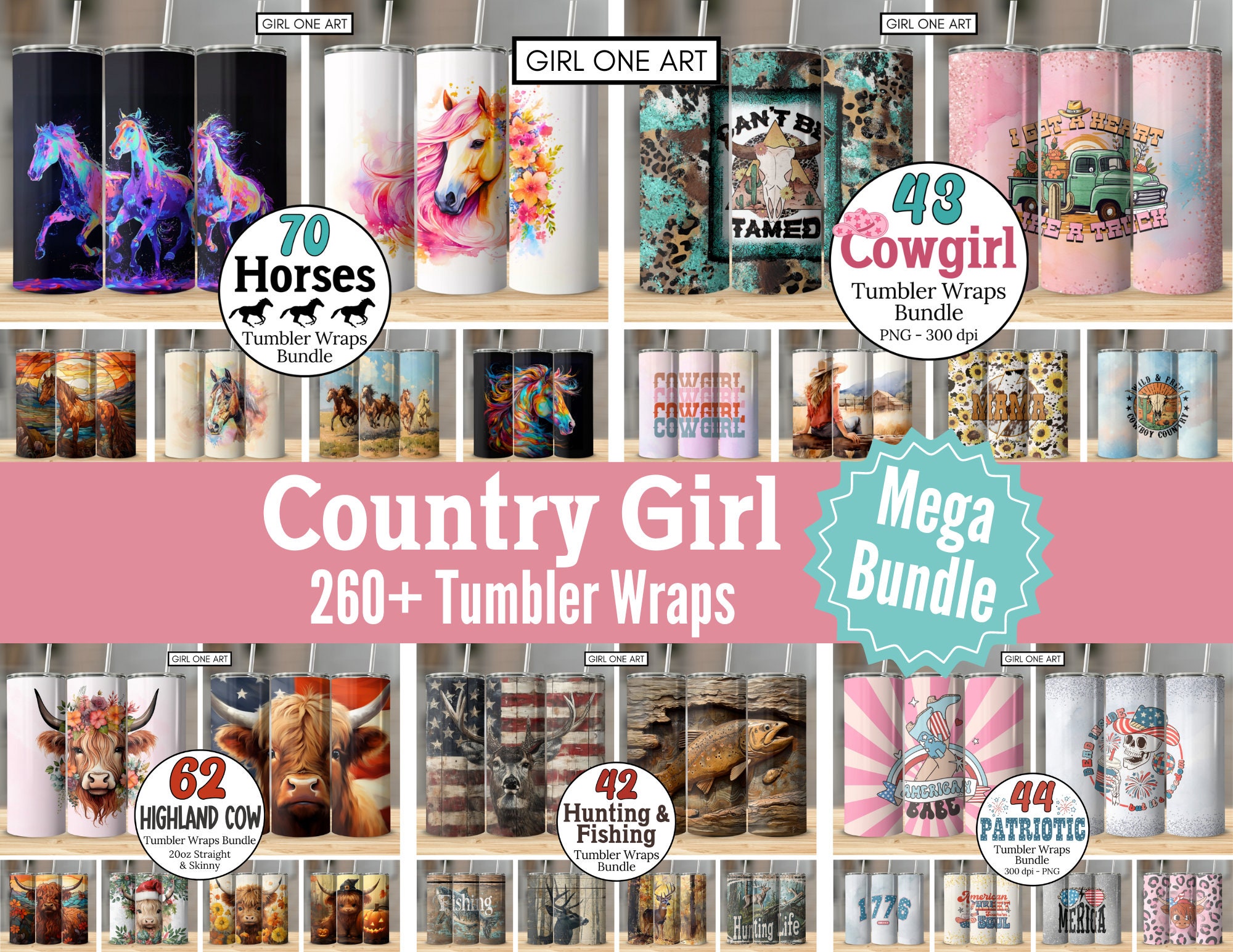 Country Girl Mega Tumbler Wrap Bundle 20 Unzen Skinny Gerade Cowgirl Cowboy Digital Vaterländischen Download Jagd PNG Rustikale Pferde Highland Kuh