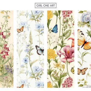 May include: A seamless pattern featuring a variety of colorful flowers and butterflies on a light background. The flowers include pink, red, yellow, and blue blossoms. The butterflies are in shades of blue, orange, and brown.