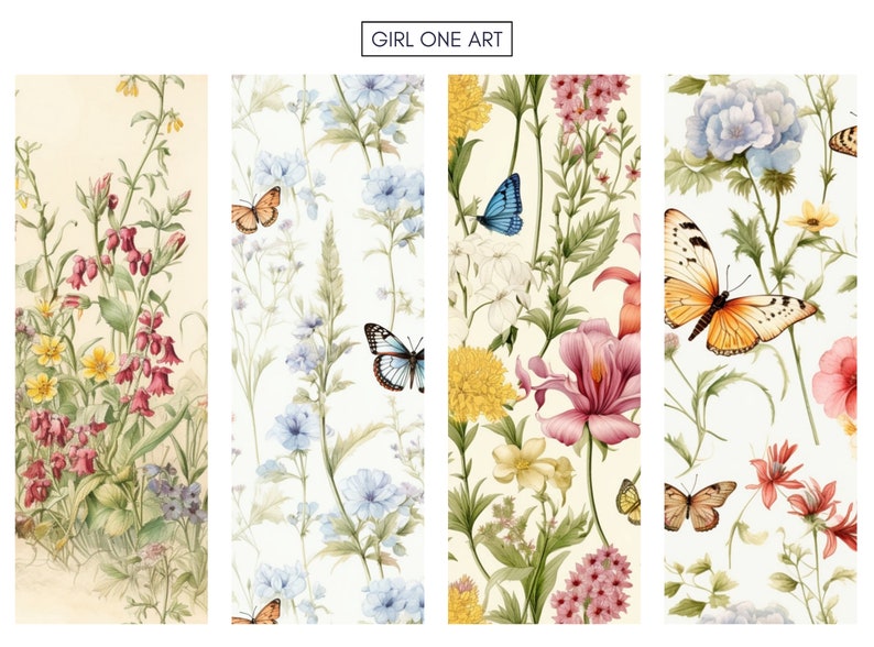 May include: A seamless pattern featuring a variety of colorful flowers and butterflies on a light background. The flowers include pink, red, yellow, and blue blossoms. The butterflies are in shades of blue, orange, and brown.