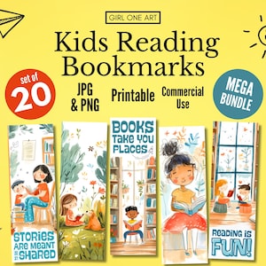 Peut inclure: Un ensemble de 20 marque-pages imprimables illustrant des enfants lisant dans une bibliothèque. Les marque-pages comportent des textes tels que "Les livres vous emmènent partout", "Les histoires sont faites pour être partagées" et "Lire, c'est amusant !"