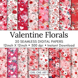 Paquete de fondos digitales de San Valentín con estampados de flores sin costuras, corazones, amor, estilo shabby chic, planificador de diario con flores