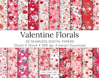 Könnte beinhalten: Ein Set mit 20 digitalen Papieren mit Valentinstags-Blumenmustern in Rot, Rosa und Weiß mit Blumen und Herzen. Die Papiere sind 30,5 cm x 30,5 cm groß und haben eine Auflösung von 300 dpi. "Valentine Florals" und "Girl One Art" sind auf dem Bild zu sehen.