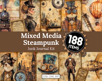 May include: A collage of steampunk-themed illustrations and ephemera. The image features a train, a hot air balloon, and various characters in Victorian attire. Text includes "Mixed Media Steampunk Junk Journal Kit" and "188 ITEMS."