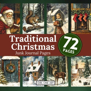 Pagine di diario tradizionali natalizie JPG Digital Winter Forest Papers Sfondi vintage di villaggi boschivi Volpe Cervo Orso Babbo Natale