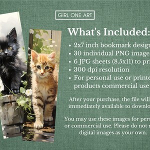Peut inclure: Deux mod&egrave;les de marque-pages avec des illustrations &agrave; l'aquarelle de chatons. L'un montre un chaton noir, l'autre un chaton tigr&eacute;. Le texte "GIRL ONE ART" est en haut. L'image comprend &eacute;galement du texte qui liste le contenu du t&eacute;l&eacute;chargement num&eacute;rique.