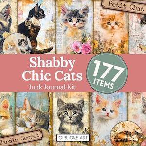 Puede incluir: Un kit de diario digital titulado "Shabby Chic Cats" con ilustraciones de gatos. El kit incluye 177 elementos y presenta el texto "Petit Chat", "Jardin Secret" y "GIRL ONE ART". Las imágenes tienen una estética vintage y de collage.