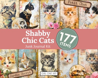 Kit de diario basura de gatos estilo shabby chic: efímeras florales de estilo cottagecore, fondos y patrones de jardín primaveral de cuento de hadas (digital)