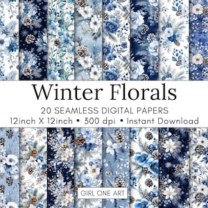 Lot de fleurs d'hiver sans couture Journal de Noël imprimable JPG indésirable Papiers flocons de neige Pommes de pin Emballage de Noël Motifs neigeux