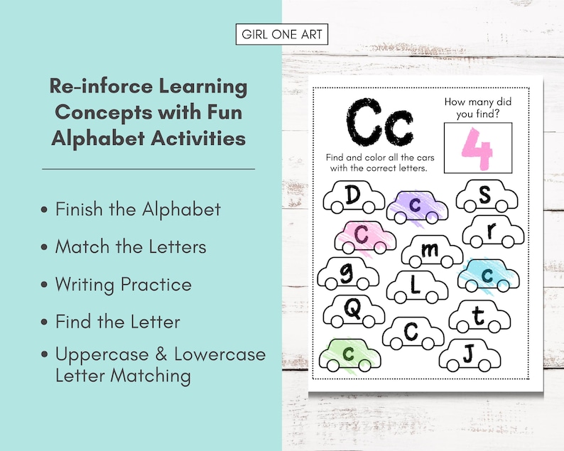May include: A printable worksheet for children to practise letter recognition. The worksheet features a large letter "C" and several small cars with letters on them. The child is asked to find and colour all the cars with the letter "C".