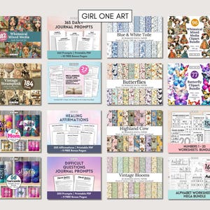 以下が含まれることがあります： 販売されているデジタル製品のコラージュ。印刷可能なジャーナルプロンプト、デジタルペーパー、クリップアート、ワークシートなどがあります。製品は、ウィムジカル、スチームパンク、ヒーリングアファメーション、バタフライ、ハイランドカウなど、さまざまなテーマを特徴としています。