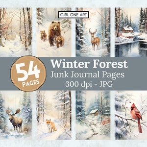 Winter Forest ongewenste dagboekpagina's Instant Download digitale kerst plakboek papier collage vellen JPG achtergronden sublimatie herten beer vos
