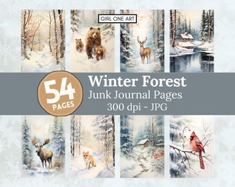Winter Forest Junk Journal Pages Instant Download Digital Christmas Scrapbook Paper Collage Sheets JPG Backgrounds Sublimation Deer Bear Fox