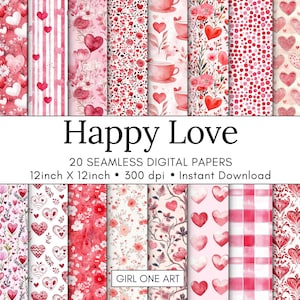 Puede incluir: Una colección de 20 papeles digitales sin costuras con patrones en tonos rojos y rosas. Los diseños incluyen corazones, flores, rayas y arreglos florales. Se muestra el texto "Happy Love", junto con las dimensiones de 30,48 cm x 30,48 cm.