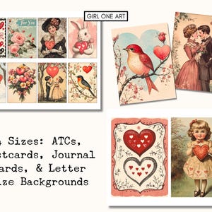 Puede incluir: Una hoja de collage digital con im&aacute;genes vintage del D&iacute;a de San Valent&iacute;n. La hoja incluye im&aacute;genes de corazones, flores, p&aacute;jaros y parejas. El texto "GIRL ONE ART" y "4 tama&ntilde;os: ATCS, postales, tarjetas de diario y fondos de tama&ntilde;o carta" est&aacute; incluido en la hoja.