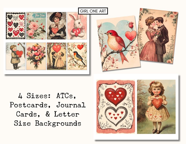 Puede incluir: Una hoja de collage digital con im&aacute;genes vintage del D&iacute;a de San Valent&iacute;n. La hoja incluye im&aacute;genes de corazones, flores, p&aacute;jaros y parejas. El texto "GIRL ONE ART" y "4 tama&ntilde;os: ATCS, postales, tarjetas de diario y fondos de tama&ntilde;o carta" est&aacute; incluido en la hoja.