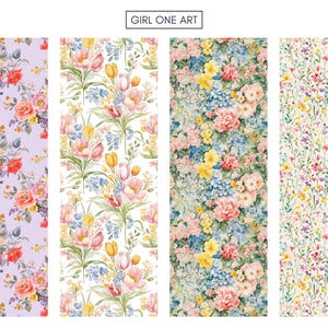 May include: Four vertical floral patterns. The patterns feature watercolor designs of roses, tulips, and other flowers in shades of pink, yellow, blue, and purple. The top of the image has the text "GIRL ONE ART".