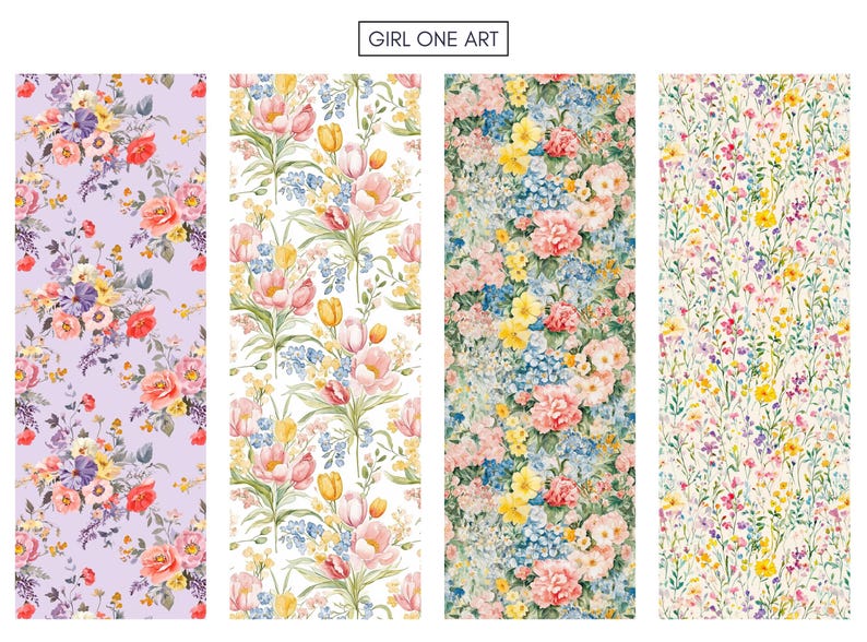 May include: Four vertical floral patterns. The patterns feature watercolor designs of roses, tulips, and other flowers in shades of pink, yellow, blue, and purple. The top of the image has the text "GIRL ONE ART".