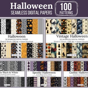Halloween Digital Paper Mega Bundle Seamless Download Junk Journal Ephemera Spooky Papers Gothic Vampire Designs Vintage Scrapbook JPG