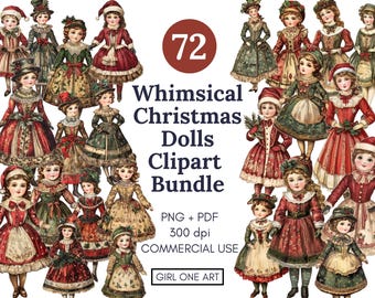 Christmas Dolls Clipart Set: Whimsical Girls Paperdolls PNG PDF Paper Doll Mixed Media Ephemera