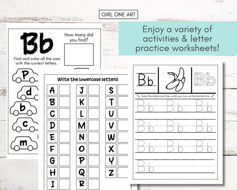 May include: Black and white printable worksheet for learning the letter "B". The worksheet includes a tracing activity, a find and colour activity, and a lowercase letter chart.