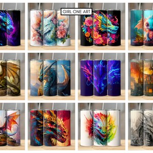 May include: Set of 12 sublimation designs featuring various colorful dragons and mythical creatures. These designs are perfect for creating custom tumblers, mugs, and other personalized items.
