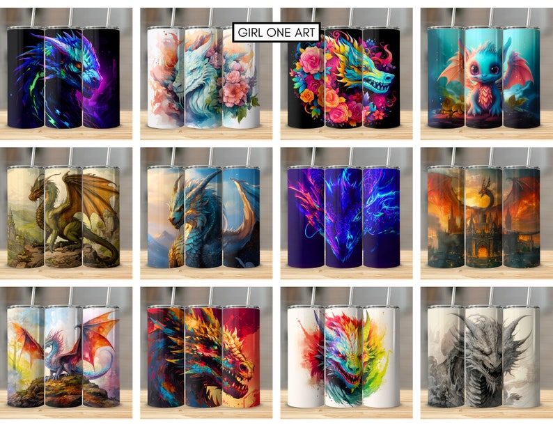 May include: Set of 12 sublimation designs featuring various colorful dragons and mythical creatures. These designs are perfect for creating custom tumblers, mugs, and other personalized items.