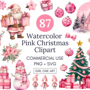 Aquarel roze kerst clipart bundel PNG SVG commercieel gebruik digitale winter uitnodiging feest ornamenten clip art Cricut ontwerp sublimatie