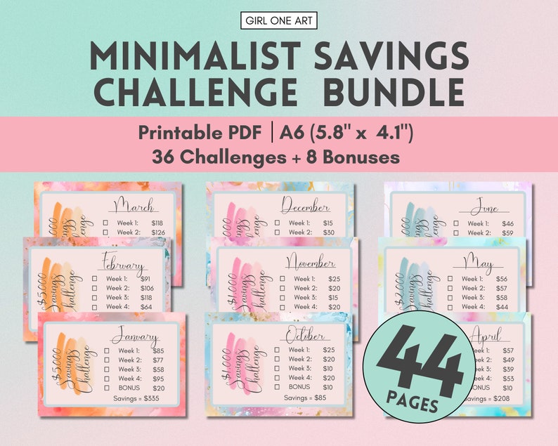 May include: A printable PDF bundle of 44 pages with 36 minimalist savings challenges and 8 bonus pages. Each page features a watercolor background with a savings challenge for each month of the year. The pages are designed in A6 size, which is 5.8 inches by 4.1 inches.