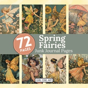 Pages de journal indésirable fées du printemps téléchargement numérique fée scrapbooking papier féerique fantaisie collage feuilles vintage fleurs arrière-plans JPG