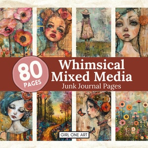 Whimsical Girls Mixed Media Junk Journal Pages Digital Download Scrapbook Papel Floresta Floral Colagem Folhas Kit Fundos para impressão JPG