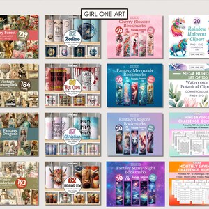 May include: A collage of digital products for sale, including printable bookmarks, clipart, and journal kits. The products feature a variety of themes, including fantasy, nature, and holidays. The products are available for commercial use.
