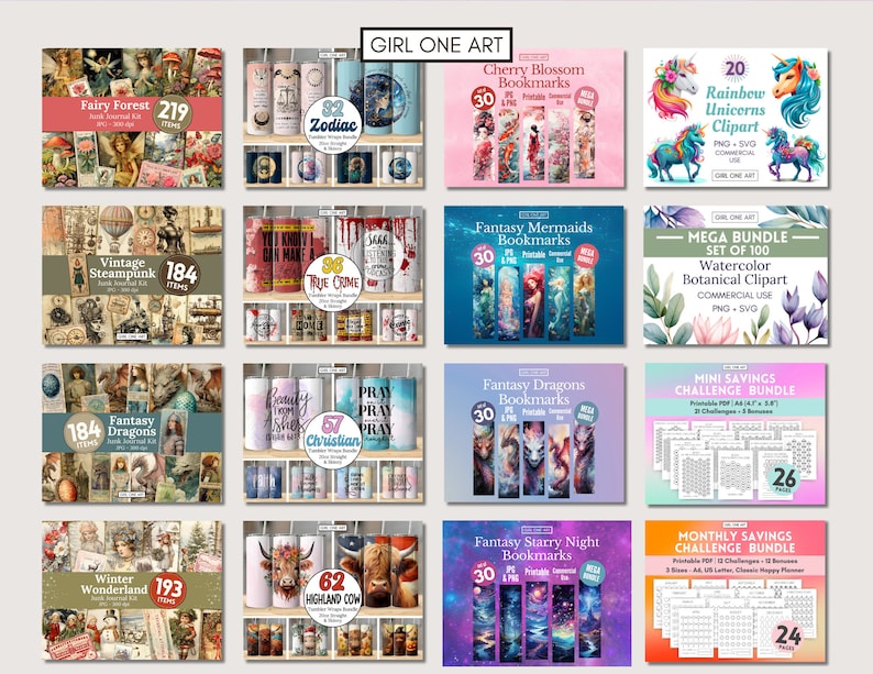 May include: A collage of digital products for sale, including printable bookmarks, clipart, and journal kits. The products feature a variety of themes, including fantasy, nature, and holidays. The products are available for commercial use.