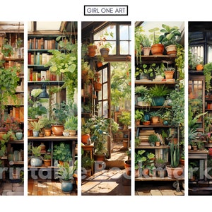 Peut inclure: Une peinture &agrave; l'aquarelle d'une serre ensoleill&eacute;e remplie de verdure luxuriante, de plantes en pot et d'&eacute;tag&egrave;res &agrave; livres. La sc&egrave;ne est divis&eacute;e en quatre sections, chacune pr&eacute;sentant une partie diff&eacute;rente de la serre.