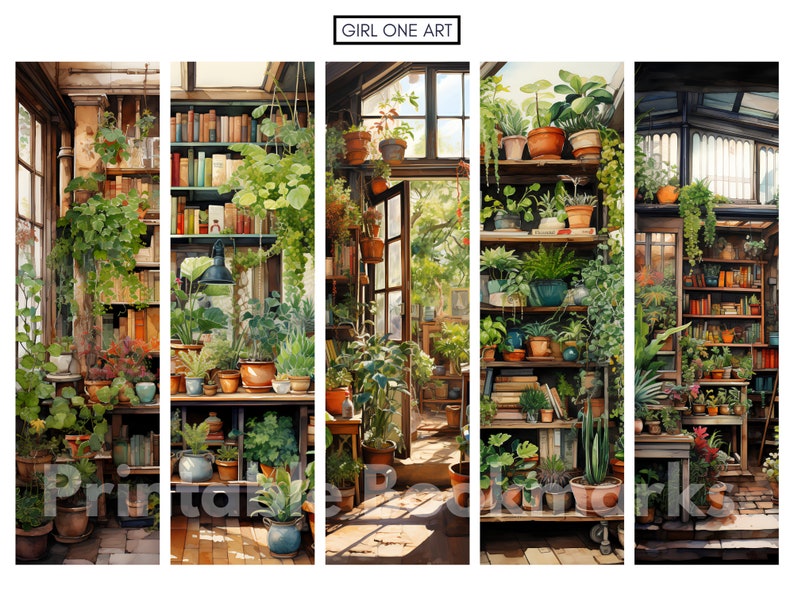 Peut inclure: Une peinture &agrave; l'aquarelle d'une serre ensoleill&eacute;e remplie de verdure luxuriante, de plantes en pot et d'&eacute;tag&egrave;res &agrave; livres. La sc&egrave;ne est divis&eacute;e en quatre sections, chacune pr&eacute;sentant une partie diff&eacute;rente de la serre.
