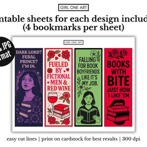 Puede incluir: Hojas de marcap&aacute;ginas imprimibles con cuatro dise&ntilde;os &uacute;nicos, cada uno con texto e ilustraciones. Los dise&ntilde;os incluyen frases como "Dark Lord? Feral Prince? I'm In" y "Books with Bite". Disponibles en formato PDF y JPG.